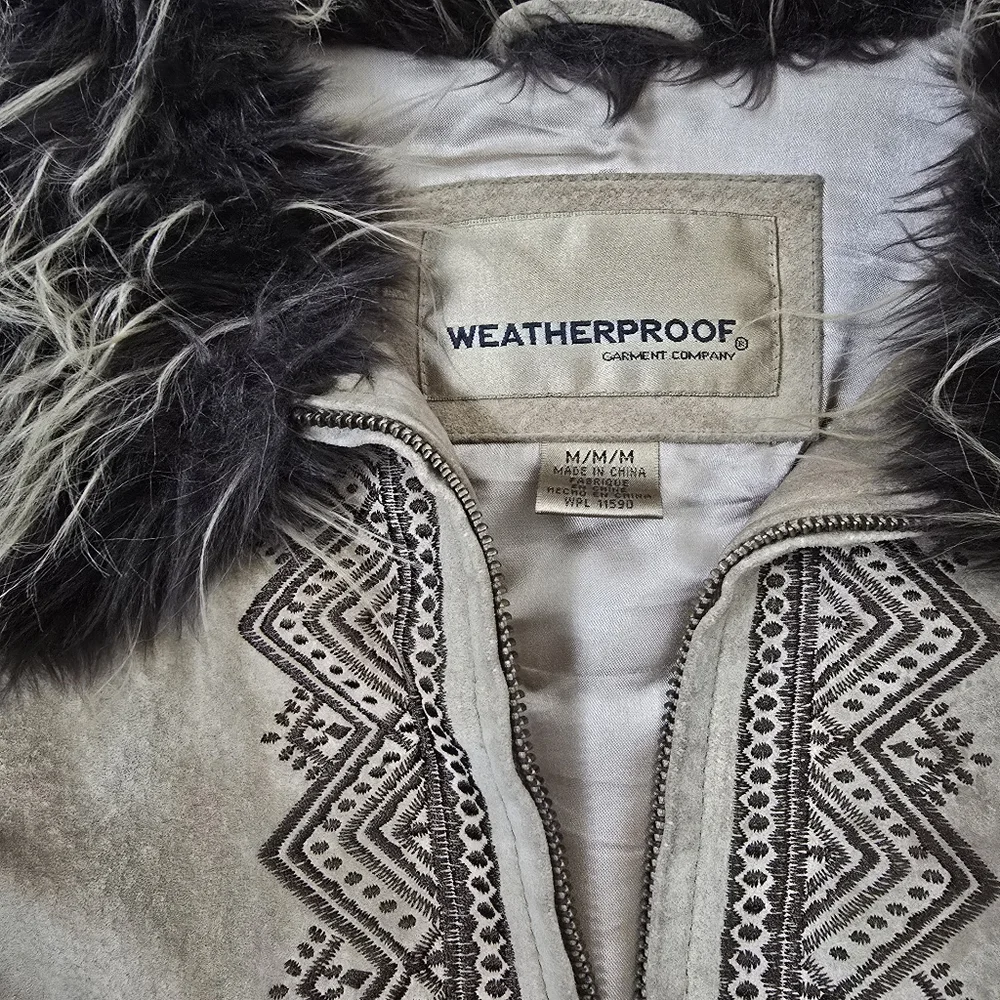 Weatherproof Garment Co. Vtg  Suede Leather Tan Embroidered Penny Lane Coat M - Picture 5 of 17